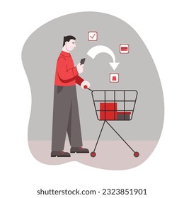 Young man standing near cart, holding smartphone and choose products. Online shopping and e-commerce concept. Using mobile app for order things. Flat vector illustration in red and gray colors