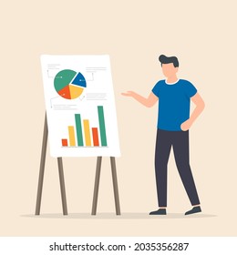 Young man standing near flip chart and pointing graph and diagram. Business speaker giving lecture. Work meeting, training, learning. Vector illustration