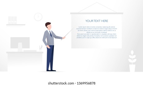 Young man is standing near his working desk with pc and showing by a pointer on a projection screen. Business presentation, office work, corporate concept. Vector illustration in flat style with text