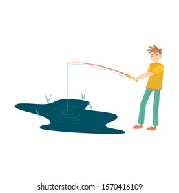 young man standing near lake and fishing vector illustration