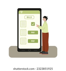 Joven parado cerca de la pantalla del teléfono móvil, revisando el saldo y pagando las cuentas. Banca móvil en línea. Cartera electrónica sobre el concepto de smartphone. Ilustración plana vectorial en colores verdes