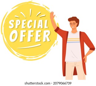 Young man standing near promotional banner with inscription. Poster with advertisement template. Male character advertising special offer, best goods, sale in online store vector illustration