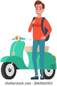 Young man standing near scooter. Student riding motorcycle, tourist with backpack motorbike driver. Diverse college, university student, schoolboy and his transport isolated on white background