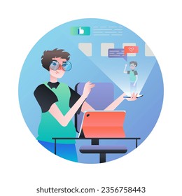 Young man standing near table with tablet, holding modern gadget and projects human and different information. New technologies concept. Flat vector illustration in blue colors in cartoon style