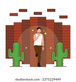 Young man standing near the wall with cactus. Vector illustration.