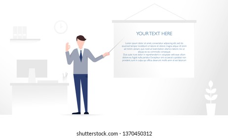 Young man is standing near working desk, showing by a pointer on projection screen, showing OK sign. Business presentation, office work, corporate concept. Vector illustration in flat style with text