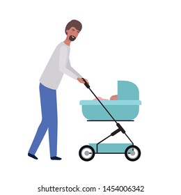 young man standing with newborn baby in the pram