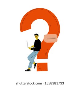 Young Man Standing Next to a Big Question Mark with Laptop, Businessman Doubting, Making a Choice or Seeking Solution to a Problem Vector Illustration