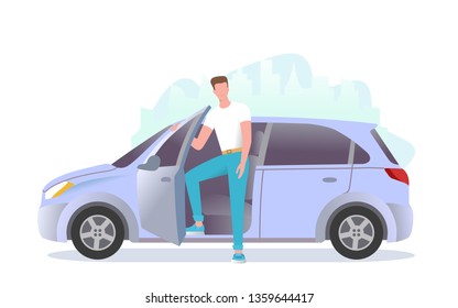 A Young Man Is Standing Next To The Car. A Guy Is Getting Into The Car. A Driver Is Ready To Move Off In A Car. Vector Illustration.