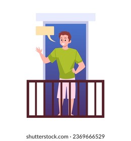 Young man standing on balcony with empty speech bubble, flat vector illustration isolated on white background. Friendly neighbor waving hand and greeting.