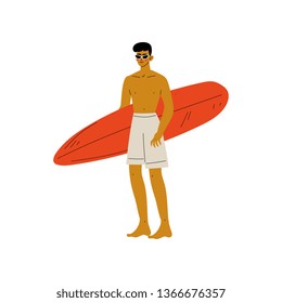 Young Man Standing on Beach with Surfboard, Guy Relaxing on Beach on Summer Vacations Vector Illustration