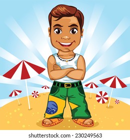 Young man standing on the beach. Cartoon brazilian boy