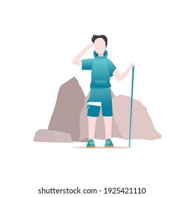 Young man standing on the hill use stick. Flat style vector illustration isolated on white background, suitable for wallpaper, banner, book illustration. Travelling hiking adventure.