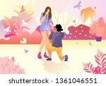 Young Man Standing on Knee with Ring in Hand Making Offer to Woman Asking her Marry him in Beautiful Greenhouse or Orangery Garden with Beautiful Plants. Engagement, Cartoon Flat Vector Illustration.