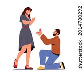 Young Man Standing on Knee with Ring in Hand Making Proposal to Woman Asking her Marry him Isolated on White Background. Engagement, Love, Loving Relations Concept. Cartoon Flat Vector Illustration.