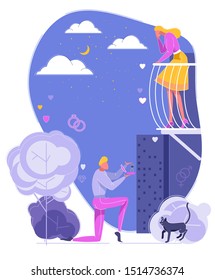 Young Man Standing on Knee on Outdoor Holding Box with Ring Making Proposal Marriage to Standing Surprised Woman on Open Balcony at Magic Romantic Night under Moon in Garden. Vector Illustration.