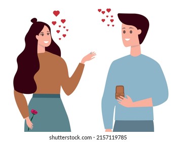 Young Man Standing on Knee with Ring in Hand Making Proposal to Woman Asking her Marry him Isolated on White Background. Engagement, Love, Loving Relations Concept. Cartoon Flat Vector Illustration.