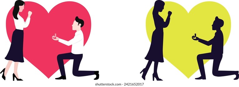Young Man Standing on Knee with Ring in Hand Making Proposal to Woman Asking her Marry him Vector. Engagement, Love, Loving Relations Concept. Flat Vector 