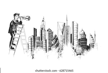 The young man standing on a on ladder and looking through a telescope at city. Hand Drawn Sketch Vector illustration. 