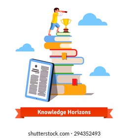 Young man standing on mountain of books and looking for new horizons through spyglass. Standing on knowledge concept. Flat style isolated vector illustration.