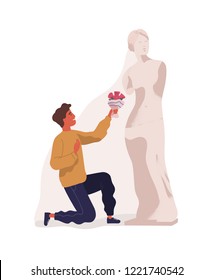 Young man standing on one knee and presenting bouquet of flowers to statue of woman. Concept of idealization of partner, unrequited love, blind affection. Colorful vector illustration in flat style.