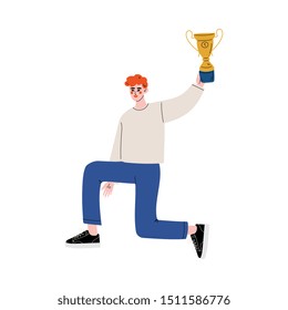 Young Man Standing on One Knee and Holding Cup Over Head, Happy Positive Guy Celebrating Victory, Successful People Concept Vector Illustration