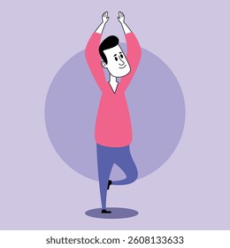 Young man standing on one leg, arms raised in fitness yoga pose. Man demonstrating balance and focus in colorful, minimalistic background during workout session
