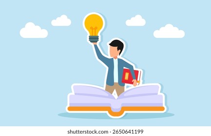 Young man standing on an open book holding a lamp and another book illustration of increasing literacy and knowledge to gain ideas and inspiration
