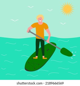 Young man standing up on paddle board, surfing in ocean or sea, vector