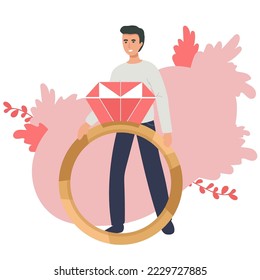 Young Man Standing on with Ring in Hand Making Proposal to Woman Asking her Marry him Isolated on White Background. Engagement, Love, Loving Relations Concept. Cartoon Flat Vector Illustration.