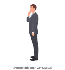 Young man standing on side view hand on chin while thinking about his business. Flat vector illustration isolated on white background