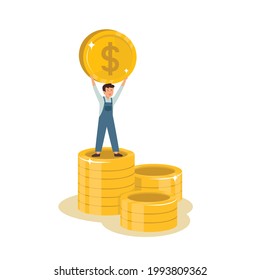 Young man standing on stack of coin, human Make Savings money concept.