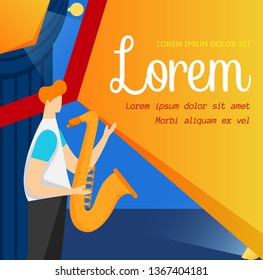 Young Man Standing on Stage with Saxophone Performing Musical Jazz or Blues Composition. Musician Playing Sax. Social Media Template for Cultural Event. Cartoon Flat Vector Illustration. Square Banner