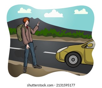 Young man standing on the street waving to ride. Hand drawn vector illustration.