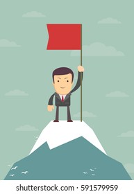 young man standing on top of mountain with flag. Business success concept