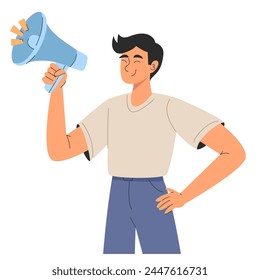 A young man standing with one hand on his hip, confidently wielding a loudspeaker, signaling an announcement or call to action. Vector flat illustration for web or app design