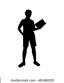 Young man standing with open book in hands flat vector isolated on white background. Enthusiastic reader illustration for educational and hobby concepts