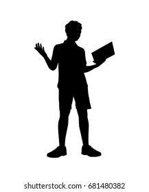 Young man standing with open book in hands flat vector isolated on white background. Enthusiastic reader illustration for educational and hobby concepts