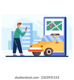 Young man standing outside, holding mobile phone and looking on screen. Online taxi order concept. Order and arrival car by geolocation. Vector flat illustration in blue and yellow colors