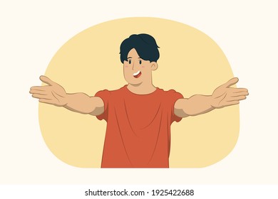 Young man standing with outstretched hands concept
