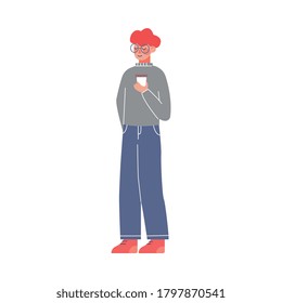 Young Man Standing with Paper Cup in his Hands Vector Illustration on White Background