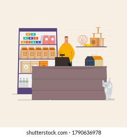 Young Man Standing at Pet Shop, Food, Accessories, Medicine Product,  on The Shelf, Grooming Kit, with a Cat Standing in Front of The Cashier