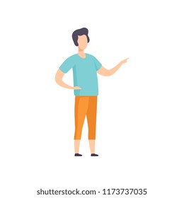 Young man standing pointing finger, faceless person character gesturing vector Illustration on a white background