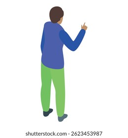 Young man is standing and pointing with his finger to the right