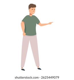 Young man is standing and pointing with his finger to the right side of the image