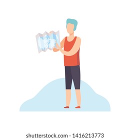 Young Man Standing and Pointing at Location Map Vector Illustration