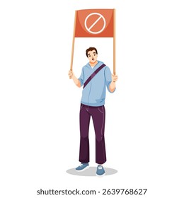 Young man standing with a protest sign, cartoon style on white background. Concept of social demonstration and activism. Vector illustration
