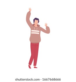 Young Man Standing with Raising Hands, Male Character Dancing at Party, Having Fun or Celebrating Success Flat Vector Illustration