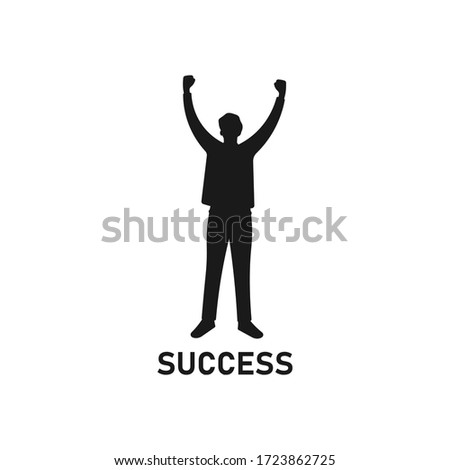 Young man standing and raising hands or arms silhouette. Successful smiling guy. Businessman concept. Career goal logo icon. Victory sign or symbol. Winner pose - Simple vector illustration.
