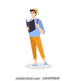 Young man standing and reading book concept. The person read in library. Guy study. Isolated vector illustration in cartoon style